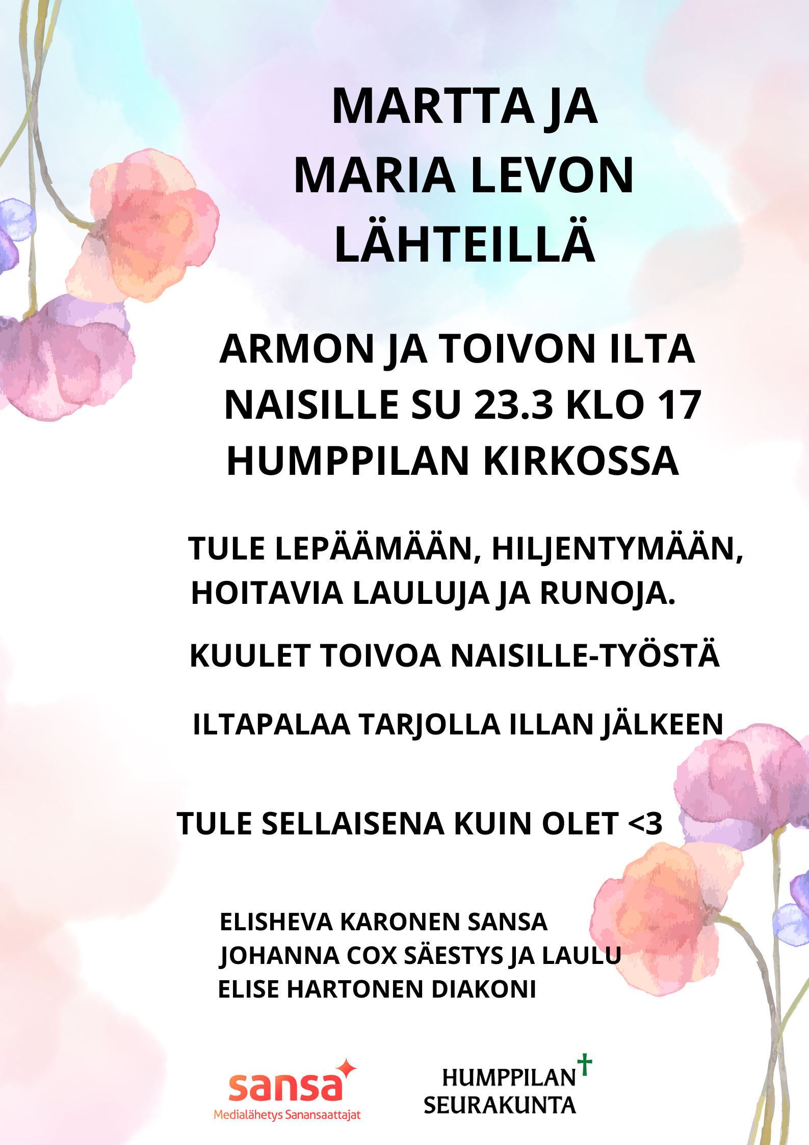 Martta ja Maria levon lähteillä - armon ja toivon ilta naisille su 23.3. klo 17 Humppilan kirkko